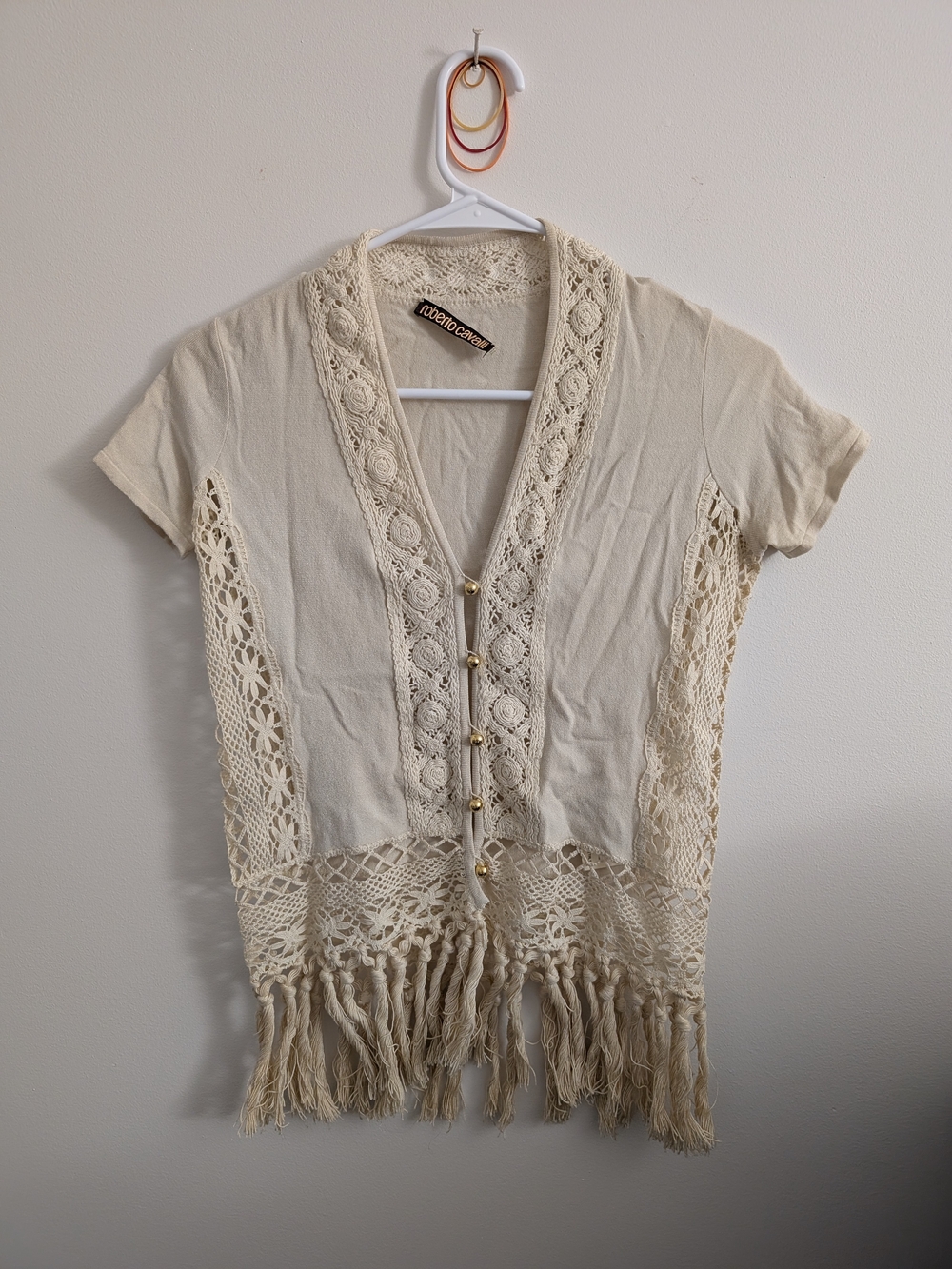 Roberto Cavalli Vintage Y2K Cream Crochet Fringe Knit Top Boho Italy Chic